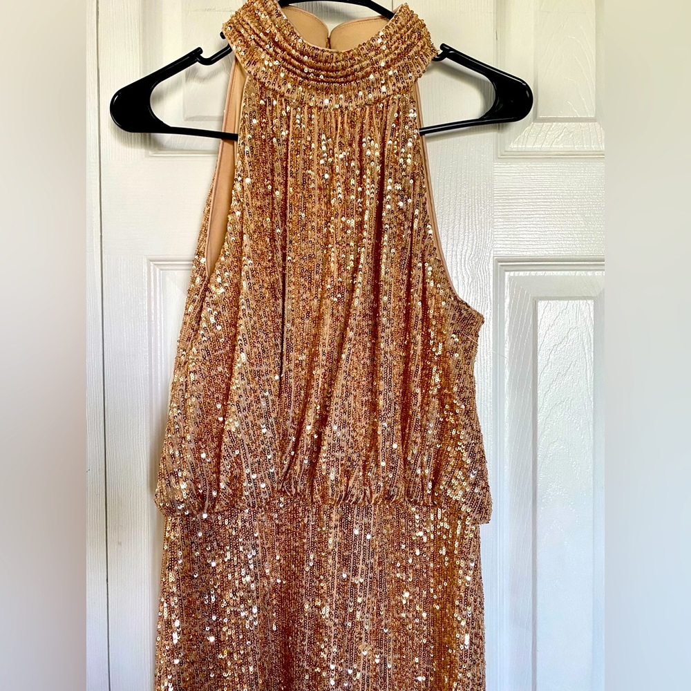 Stunning rose gold halter style cocktail / evening dress by Eliza J.